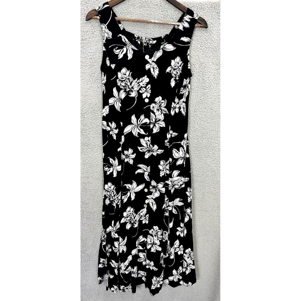 BFA Classics Floral Midi Dress Womens Small Black White Button Front Resort